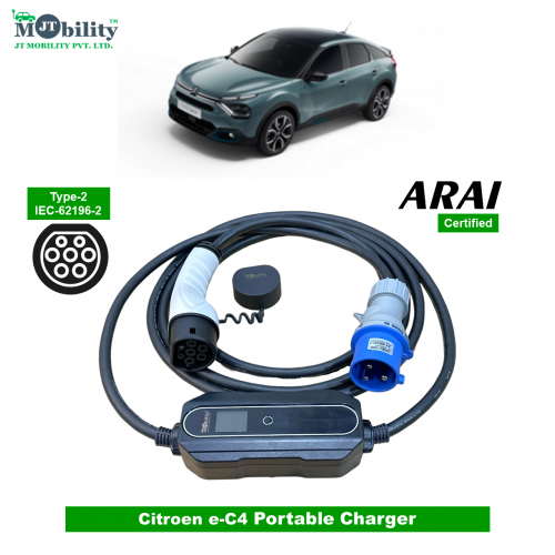 Electric vehicle Portable charger, Single Phase AC, 32A, 7.3kW Citroen e-C4 Compatible Level-2 Portable ev Charger or Onboard Charging Cable with Type 2 IEC 62196-2 Plug, 5 meter cable and industrial CEE plug