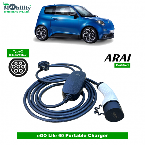 Single Phase, 16A, 3.3kW eGo Life 60 Compatible Level-2 Portable AC EV Charger or Onboard Electric Car Charging Cable with Type 2 IEC 62196-2 Plug and 3-Pin Type-M plug