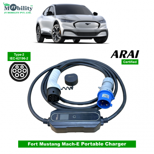 Electric vehicle Portable charger, Single Phase AC, 32A, 7.3kW Fort Mustang Mach-E Compatible Level-2 Portable ev Charger or Onboard Charging Cable with Type 2 IEC 62196-2 Plug, 5 meter cable and industrial CEE plug