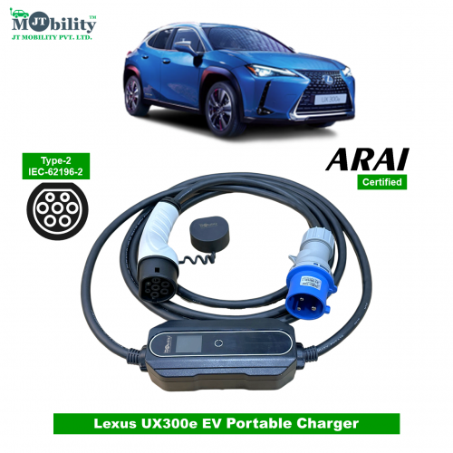 Electric vehicle Portable charger, Single Phase AC, 32A, 7.3kW Lexus UX300e Compatible Level-2 Portable ev Charger or Onboard Charging Cable with Type 2 IEC 62196-2 Plug, 5 meter cable and industrial CEE plug