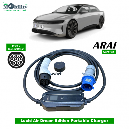 Electric vehicle Portable charger, Single Phase AC, 32A, 7.3kW Lucid Air Dream Edition Compatible Level-2 Portable ev Charger or Onboard Charging Cable with Type 2 IEC 62196-2 Plug, 5 meter cable and industrial CEE plug