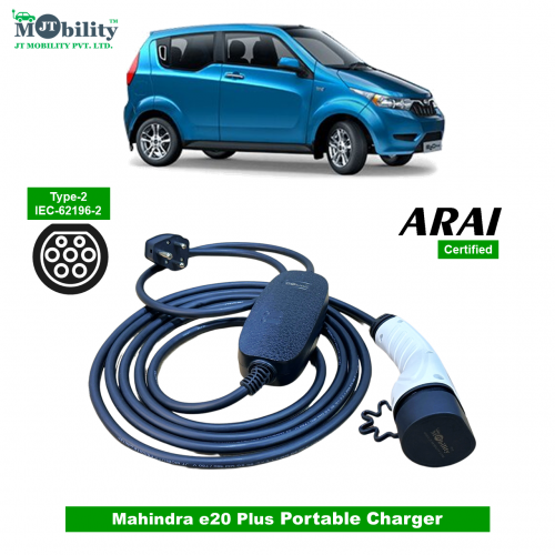 Electric vehicle home charger, Single Phase AC, 16A, 3.7kW Mahindra e20Plus Compatible Level-2 Portable ev Charger or Onboard Charging Cable with Type 2 IEC 62196-2 Plug, 5 meter cable and 3-Pin Type-M plug