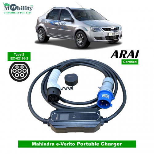 Single Phase, 32A, 7.3kW Mahindra eVerito Compatible Level-2 Portable AC EV Charger or Onboard Electric Car Charging Cable with Type 2 IEC 62196-2 Plug and industrial CEE plug