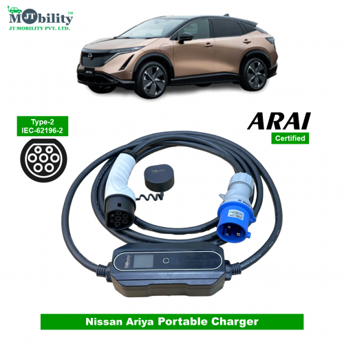 Electric vehicle Portable charger, Single Phase AC, 32A, 7.3kW Nissan Ariya Compatible Level-2 Portable ev Charger or Onboard Charging Cable with Type 2 IEC 62196-2 Plug, 5 meter cable and industrial CEE plug