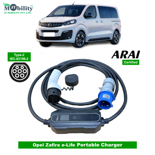 Electric vehicle Portable charger, Single Phase AC, 32A, 7.3kW Opel Zafira e-life Compatible Level-2 Portable ev Charger or Onboard Charging Cable with Type 2 IEC 62196-2 Plug, 5 meter cable and industrial CEE plug