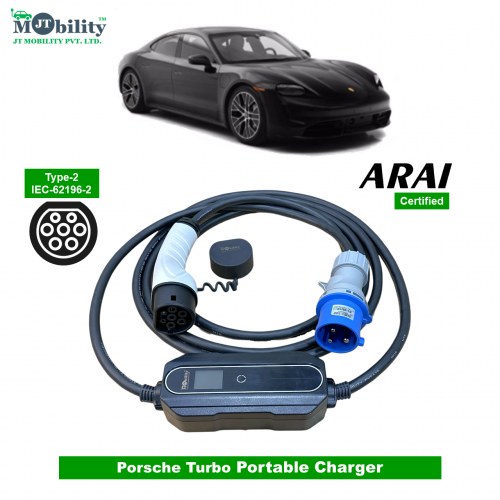 Electric vehicle Portable charger, Single Phase AC, 32A, 7.3kW Porsche Turbo Compatible Level-2 Portable ev Charger or Onboard Charging Cable with Type 2 IEC 62196-2 Plug, 5 meter cable and industrial CEE plug