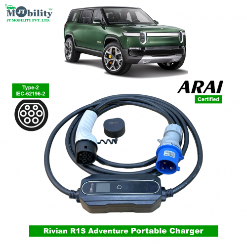 Electric vehicle Portable charger, Single Phase AC, 32A, 7.3kW Rivian R1S Adventure Compatible Level-2 Portable ev Charger or Onboard Charging Cable with Type 2 IEC 62196-2 Plug, 5 meter cable and industrial CEE plug