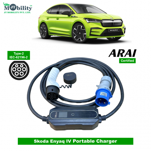 Electric vehicle Portable charger, Single Phase AC, 32A, 7.3kW Skoda Enyaq IV Compatible Level-2 Portable ev Charger or Onboard Charging Cable with Type 2 IEC 62196-2 Plug, 5 meter cable and industrial CEE plug