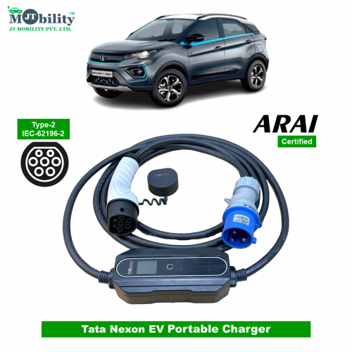Electric vehicle Portable charger, Single Phase AC, 32A, 7.3kW Tata Motors Nexon EV Compatible Level-2 Portable ev Charger or Onboard Charging Cable with Type 2 IEC 62196-2 Plug, 5 meter cable and industrial CEE plug