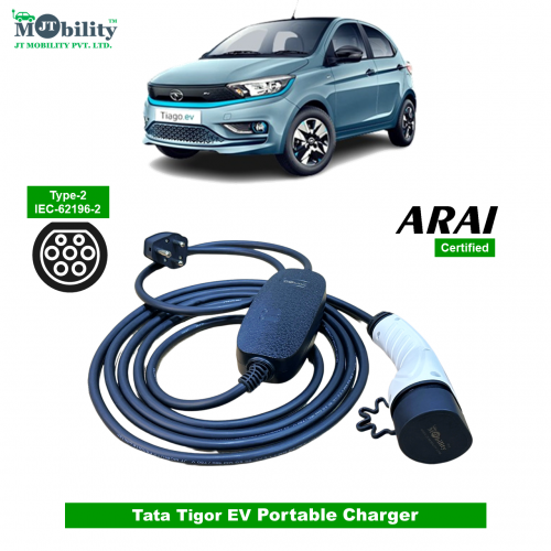 Single Phase, 16A, 3.3kW Tata Motors Tigor EV Compatible Level-2 Portable AC EV Charger or Onboard Electric Car Charging Cable with Type 2 IEC 62196-2 Plug and 3-Pin Type-M plug