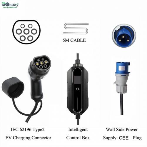 JTCCM2T2CE1P1A05-2 Type-2 Portable Electric Car Vehicle Charger Type 2 IEC 62196-2 - CEE, Single Phase, 32A, 7.3kW
