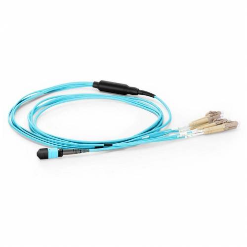 12 Fiber Mm Om3 Mpo Lc Break Out Cable, 12f Mpo Female to 4 X Lc Duplex Fan Out / Harness Cable, Low Loss OFNP (Plenum), Om3 Multimode, Aqua, Polarity B, For Sr4 40g 100g Transceiver
