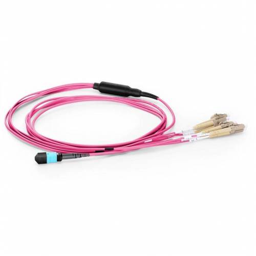 12 Fiber Mm Om4 Mtp Lc Break Out Cable, 12f Mtp Female to 4 X Lc Duplex Fan Out / Harness Cable, Low Loss OFNP (Plenum), Om4 Multimode, Aqua, Polarity B, For For Sr4 100g 400g Transceiver