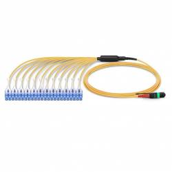 24 Fiber Sm Mpo Lc Break Out Cable With Pulling Eye, 24f Mpo Female to 12 X Lc Duplex Fan Out, Low Loss OFNR (Riser), G.657A1 Single Mode, Yellow, Push Pull Uniboot Connector, Polarity A, For Cxp Cfp 100g Transceiver