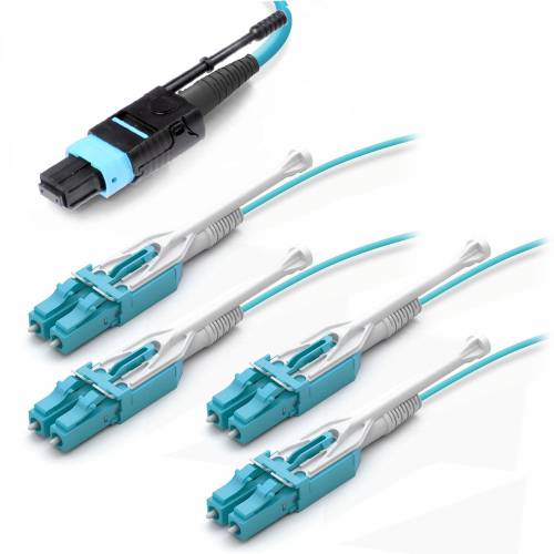 8 Fiber Mpo Lc Fan Out Cable With Mpo Female Push-Pull And 4 X lc/Pc Duplex Uniboot Connector Om3 Multimode Aqua Color Cable