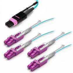 JTOPTICS 8 Fiber Mpo Lc Fan Out Cable With Mpo Female Push-Pull And 4 X lc/Pc Duplex Uniboot Connector Om4 Multimode Pink Color Cable