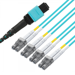 8 Fiber Multimode Mtp® Lc Break Out Cable Mtp®-8 To 4Xlc Duplex Low Loss Ofnp Om3 Cable Polarity B